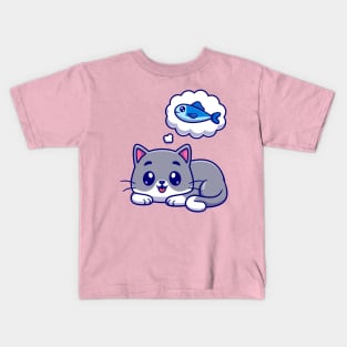 Cute Cat Thinking Fish Cartoon Kids T-Shirt